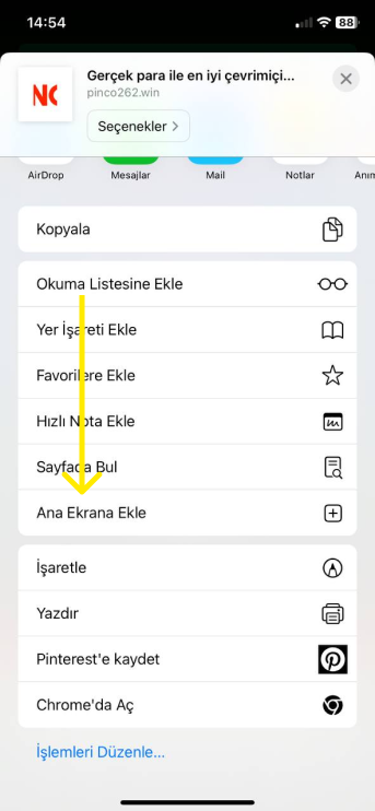 Ayarlarda, “Ana Ekrana Ekle” üzerine dokunun