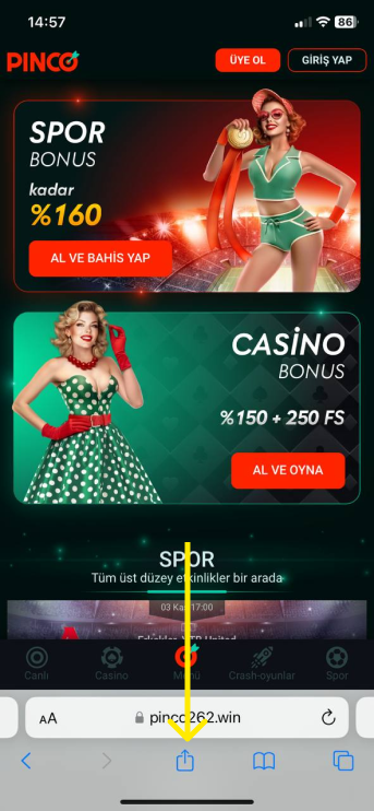 Casino sitesine giriş yapın ve “Paylaş ”a tıklayın